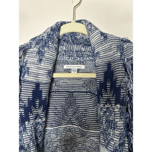 American Eagle Cotton Blue & White Open Fringe Cardigan Sweater Women's Small - Picture 9 of 10
